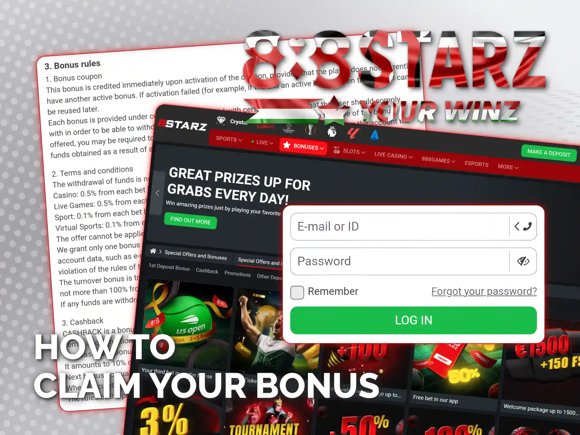 Log in and deposit on 888starz website to get bonus.